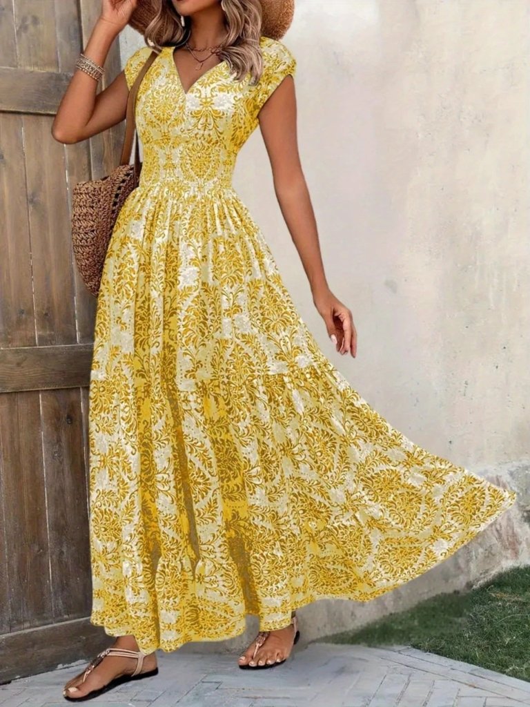 Printed Cap Sleeve Maxi Dress - Yellow Flower by Trendsi from FREYA’S CLOSET