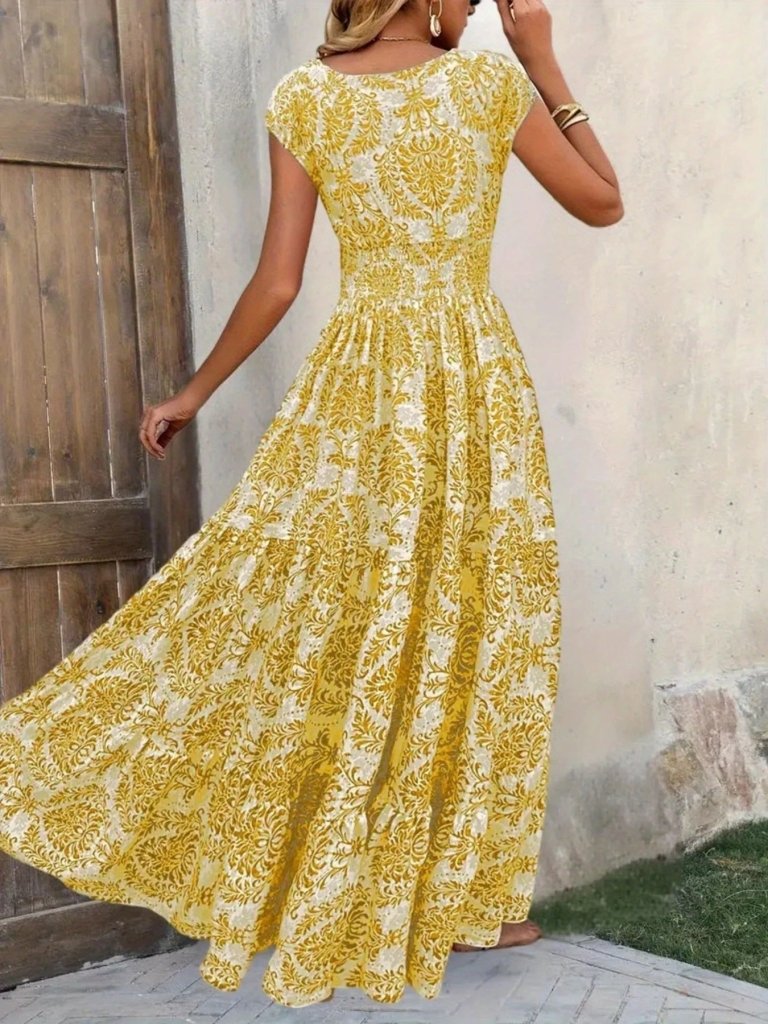 Printed Cap Sleeve Maxi Dress - Yellow Flower by Trendsi from FREYA’S CLOSET