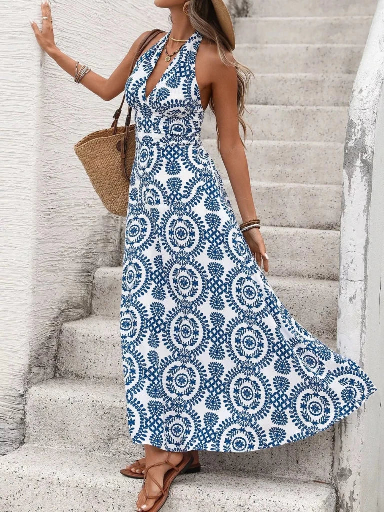 Printed Halter Neck Maxi Dress - Blue by Trendsi from FREYA’S CLOSET