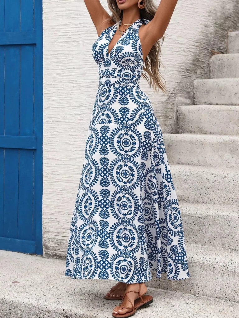 Printed Halter Neck Maxi Dress - Blue by Trendsi from FREYA’S CLOSET