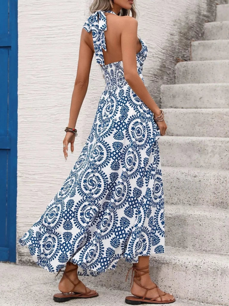 Printed Halter Neck Maxi Dress - Blue by Trendsi from FREYA’S CLOSET