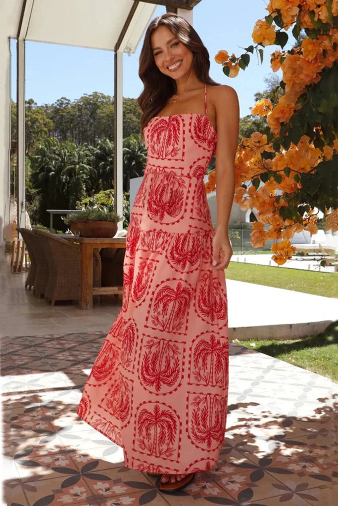 Printed Halter Neck Maxi Dress - Coral by Trendsi from FREYA’S CLOSET