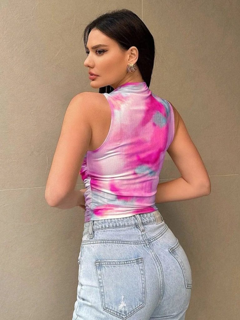 Printed Mock Neck Ruched Tank – Fuchsia Pink by Trendsi from FREYA’S CLOSET