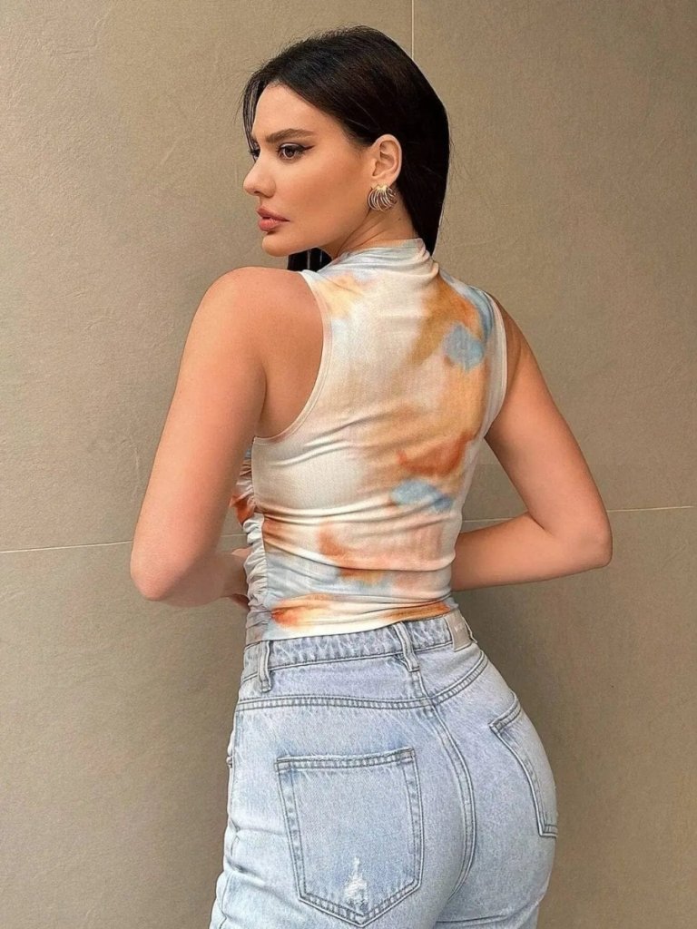 Printed Mock Neck Ruched Tank - Sherbet by Trendsi from FREYA’S CLOSET