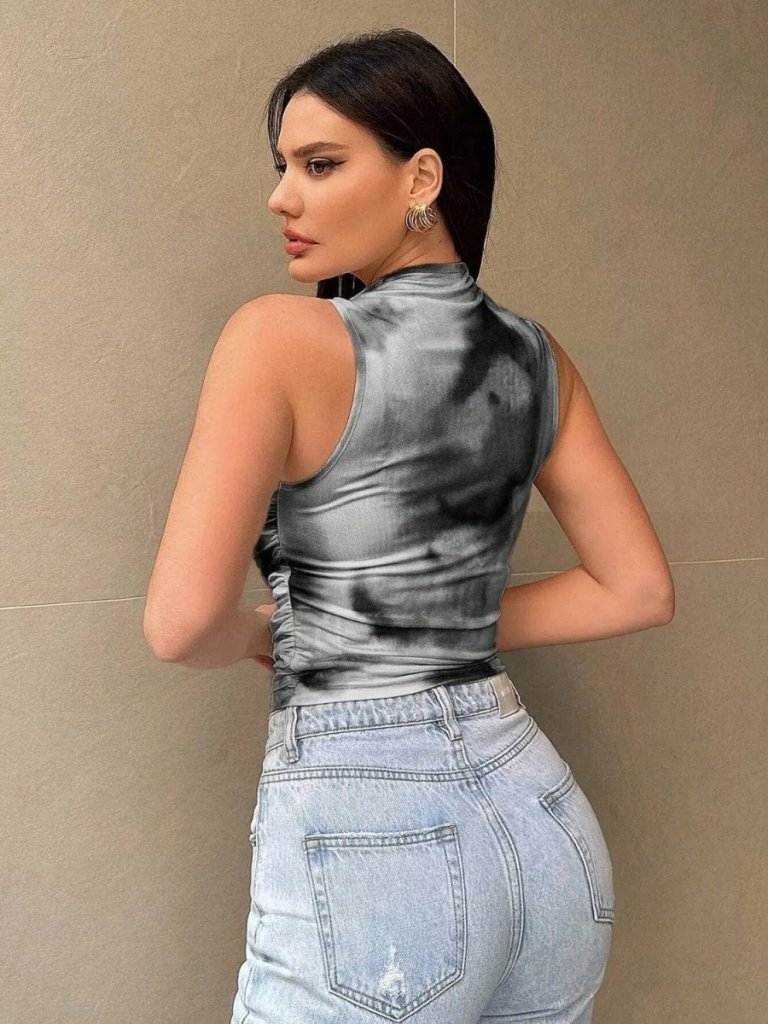 Printed Mock Neck Ruched Tank - Gray by Trendsi from FREYA’S CLOSET