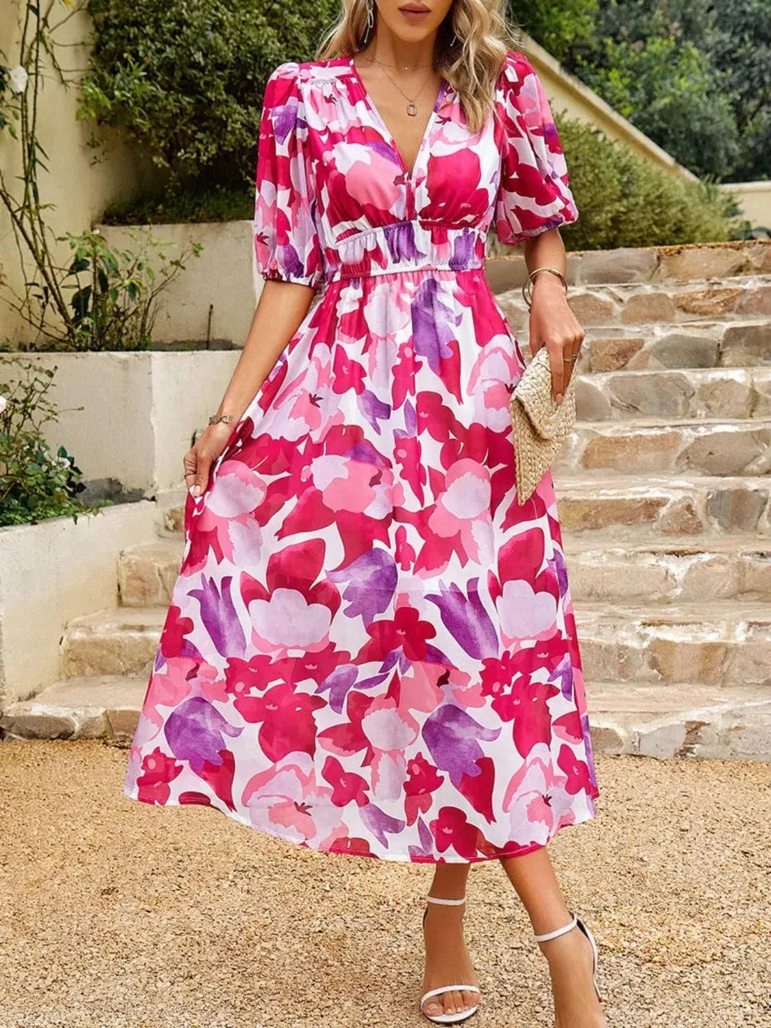 Trendsi Dresses Hot Pink / S Printed Puff Sleeve Midi Dress