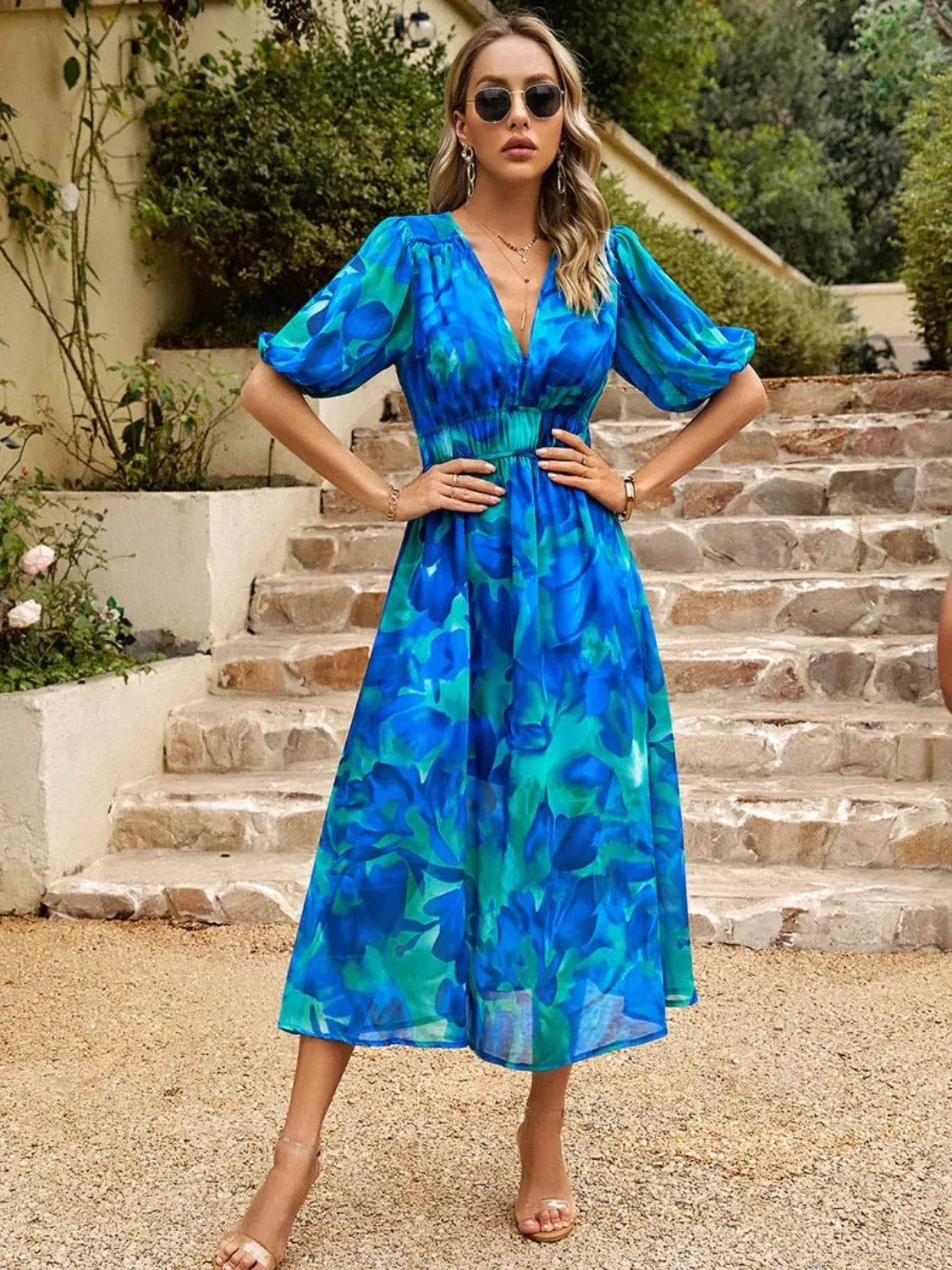 Trendsi Dresses Printed Puff Sleeve Midi Dress