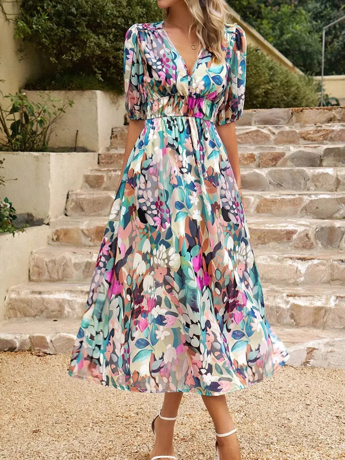 Trendsi Dresses Printed Puff Sleeve Midi Dress