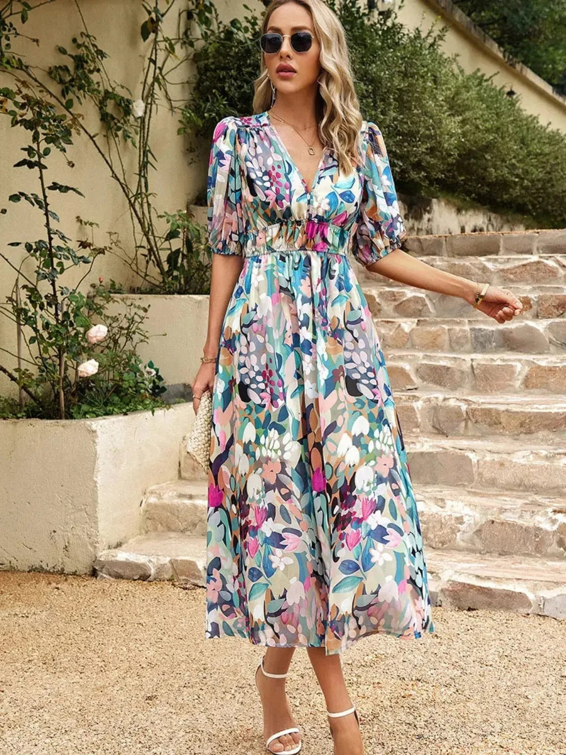 Trendsi Dresses Printed Puff Sleeve Midi Dress