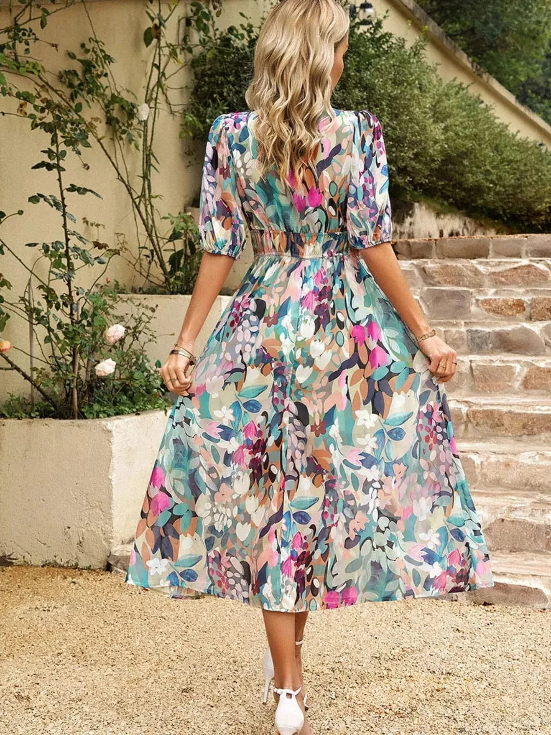 Trendsi Dresses Printed Puff Sleeve Midi Dress
