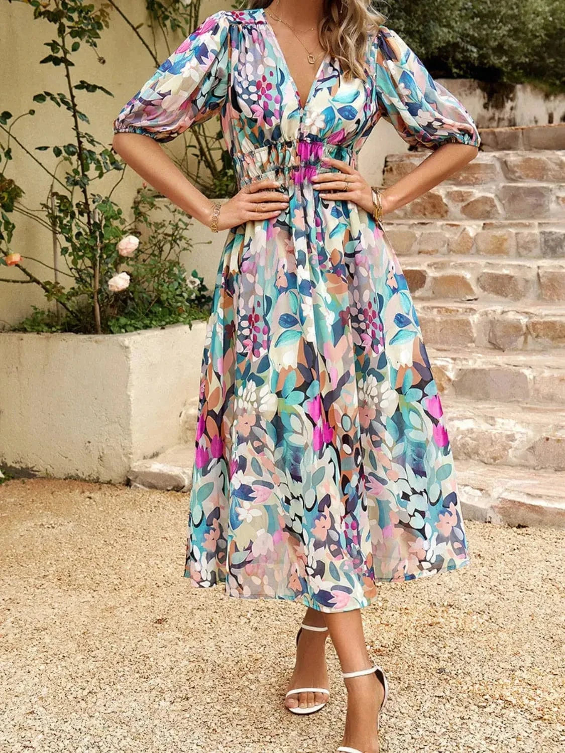 Trendsi Dresses Printed Puff Sleeve Midi Dress