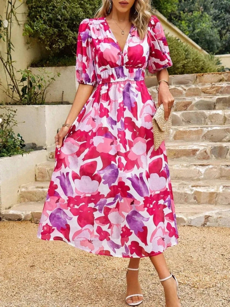 Printed Puff Sleeve Midi Dress - Hot Pink by Trendsi from FREYA’S CLOSET