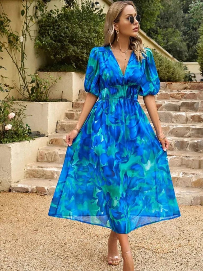 Printed Puff Sleeve Midi Dress - Turquoise by Trendsi from FREYA’S CLOSET