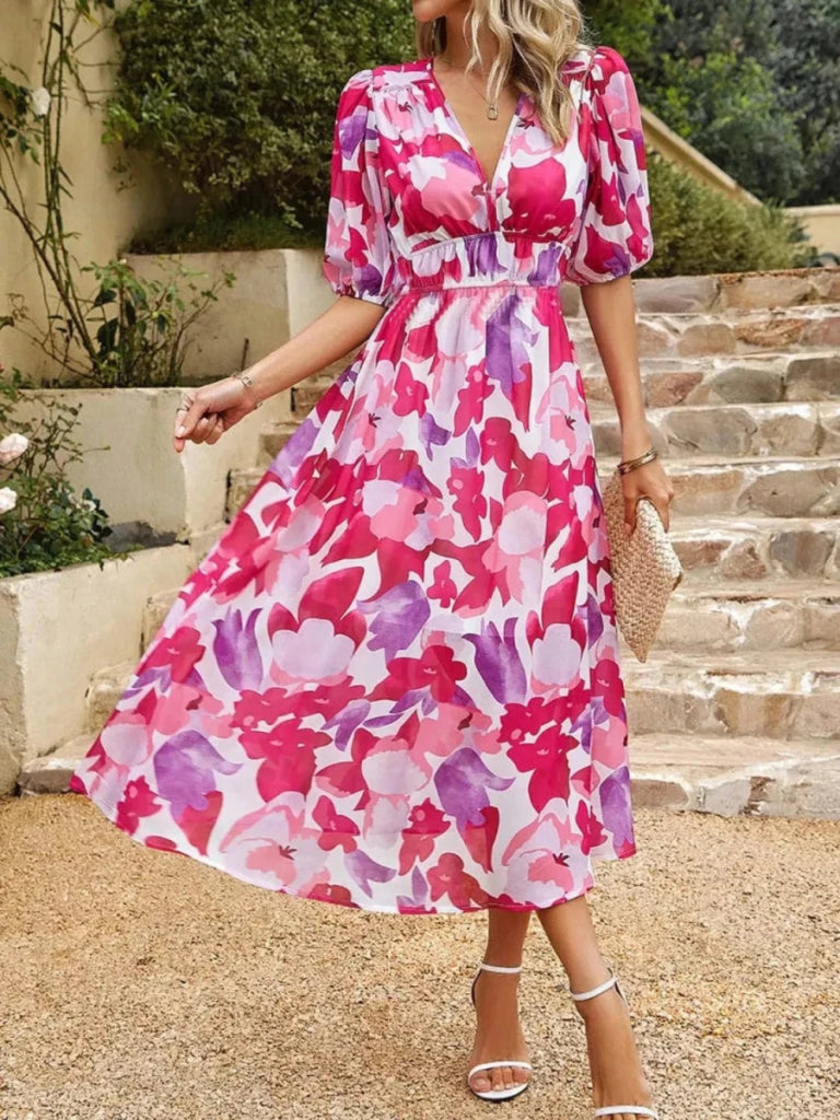 Printed Puff Sleeve Midi Dress - Hot Pink by Trendsi from FREYA’S CLOSET