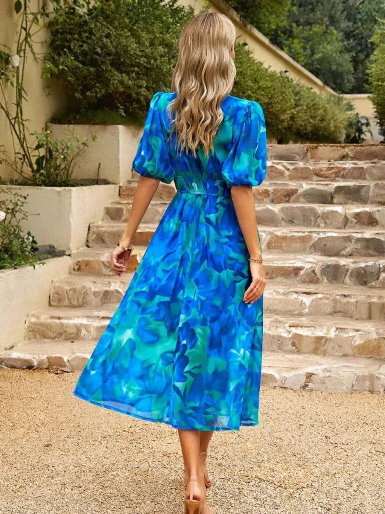Printed Puff Sleeve Midi Dress - Blue by Trendsi from FREYA’S CLOSET