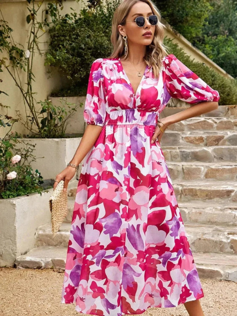 Printed Puff Sleeve Midi Dress - Hot Pink by Trendsi from FREYA’S CLOSET