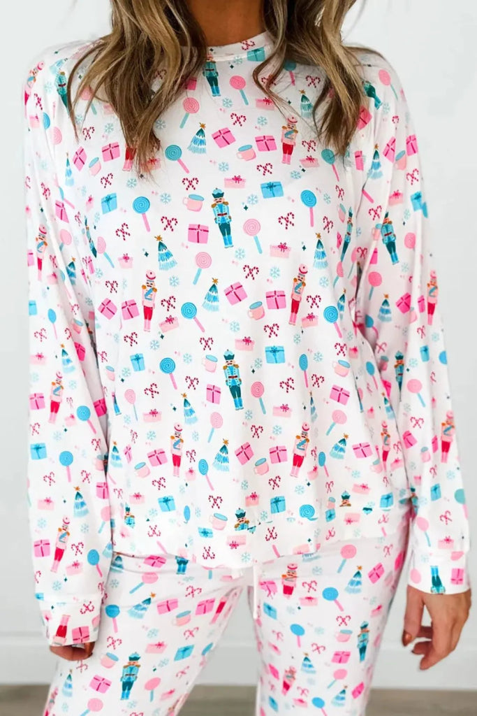 Printed Round Neck Long Sleeve Top and Pants Lounge Set - White by Trendsi from FREYA’S CLOSET