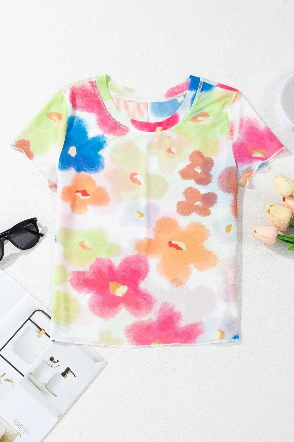 Trendsi Shirts and Blouse Printed Round Neck Short Sleeve Blouse