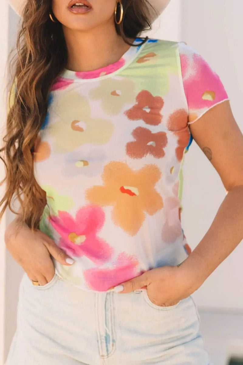 Trendsi Shirts and Blouse Printed Round Neck Short Sleeve Blouse