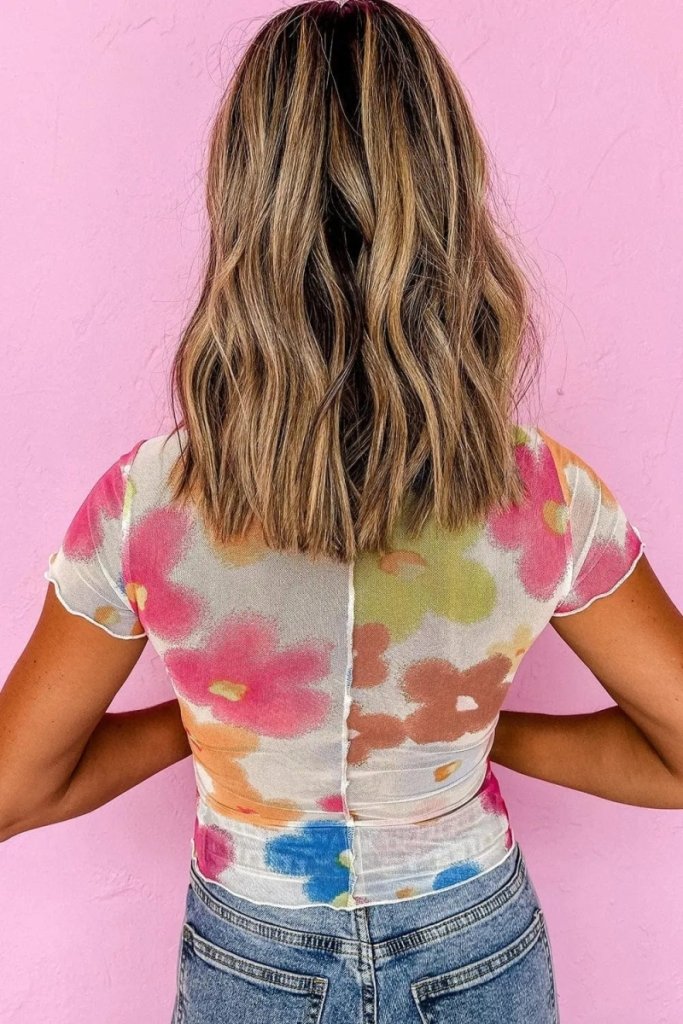 Printed Round Neck Short Sleeve Blouse - Floral by Trendsi from FREYA’S CLOSET