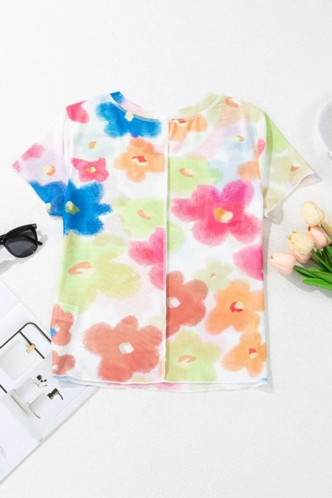 Printed Round Neck Short Sleeve Blouse - Floral by Trendsi from FREYA’S CLOSET