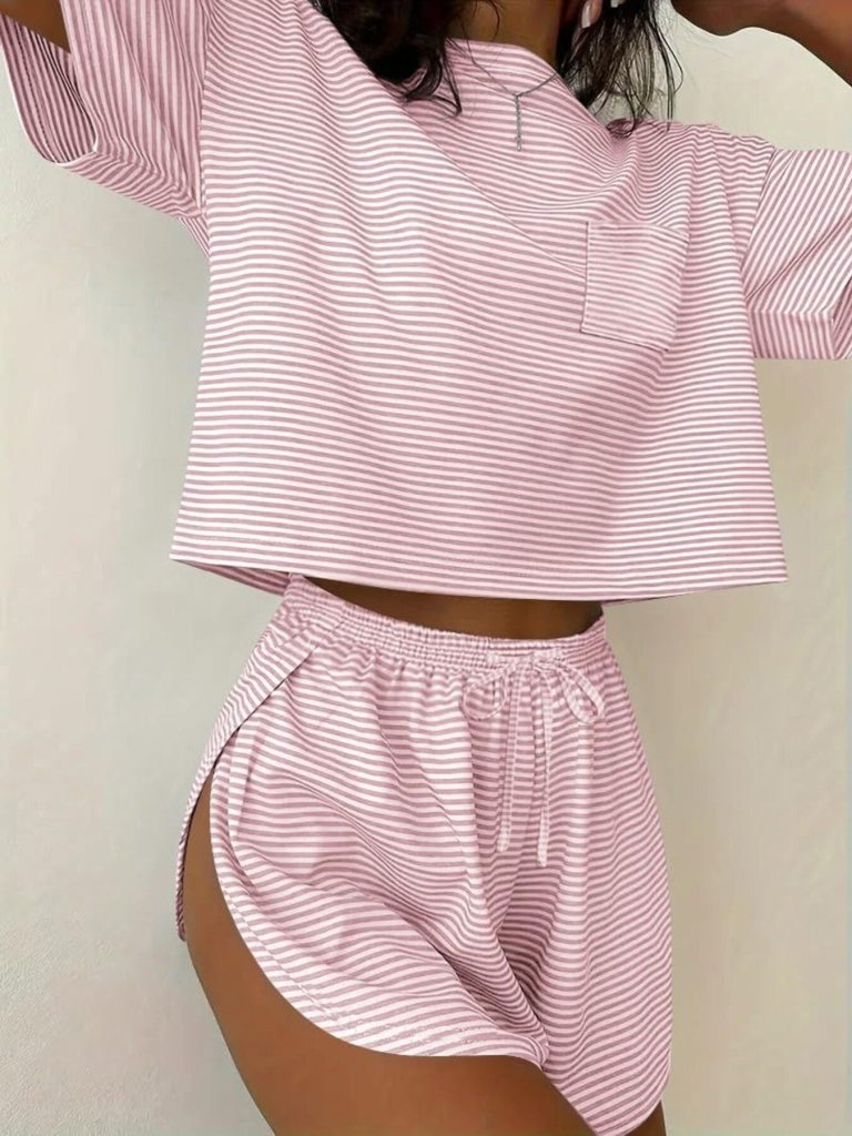 Printed Round Neck Tee and Shorts Set - Blush Pink by Trendsi from FREYA’S CLOSET