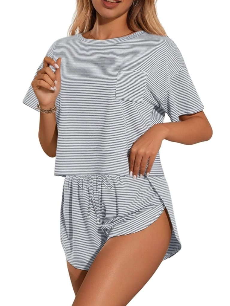 Printed Round Neck Tee and Shorts Set - Gray by Trendsi from FREYA’S CLOSET