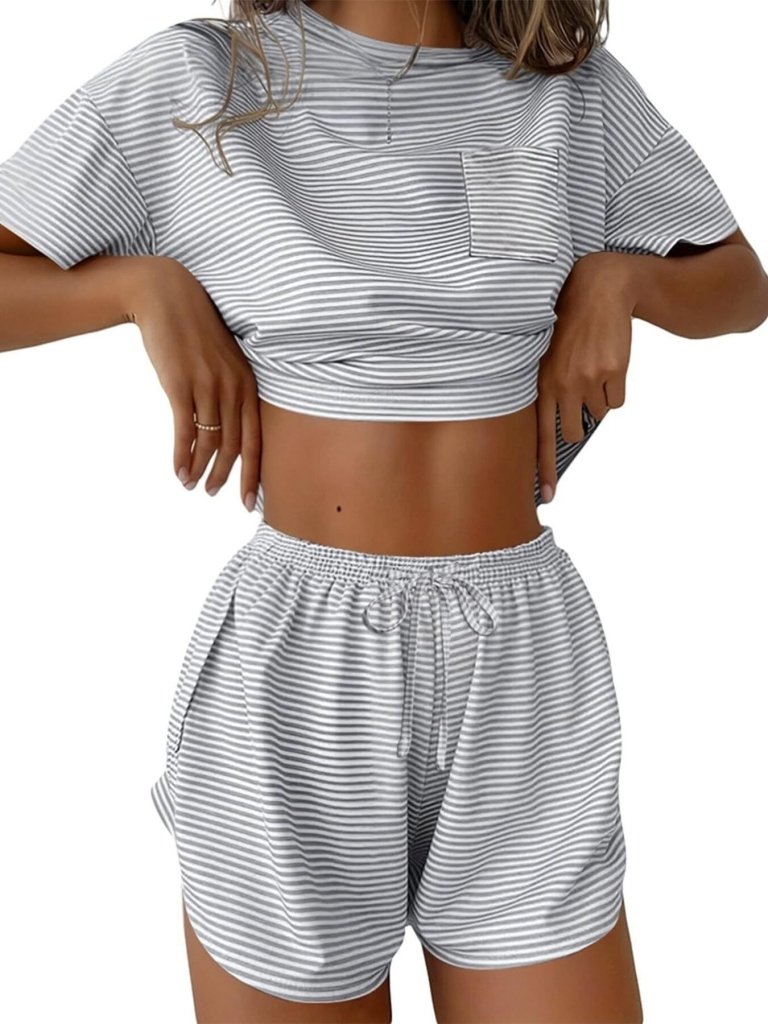 Printed Round Neck Tee and Shorts Set - Gray by Trendsi from FREYA’S CLOSET