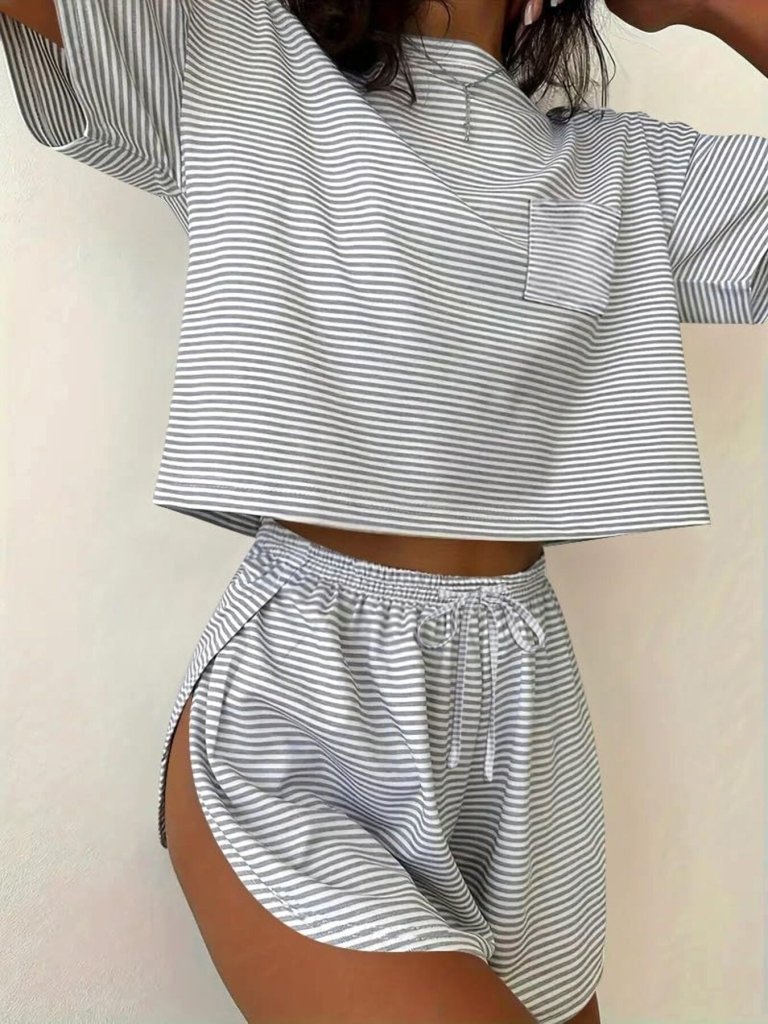 Printed Round Neck Tee and Shorts Set - Gray by Trendsi from FREYA’S CLOSET