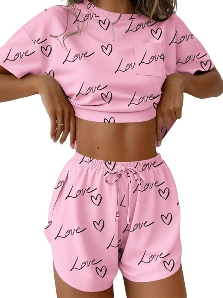 Printed Round Neck Tee and Shorts Set - Pink by Trendsi from FREYA’S CLOSET