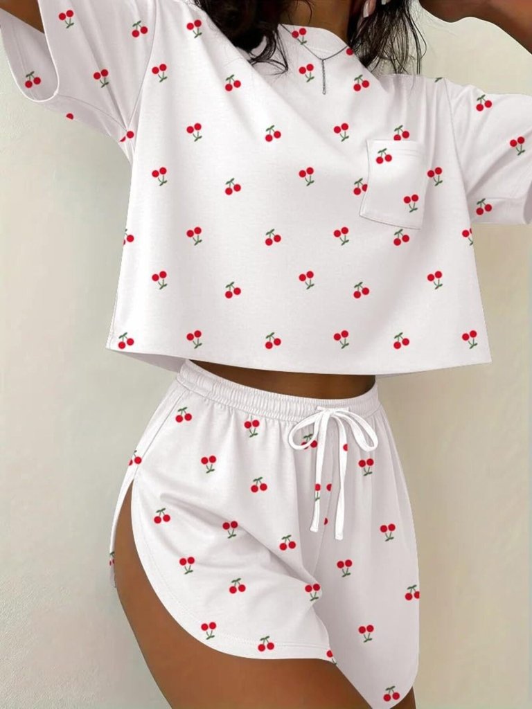 Printed Round Neck Tee and Shorts Set - White by Trendsi from FREYA’S CLOSET