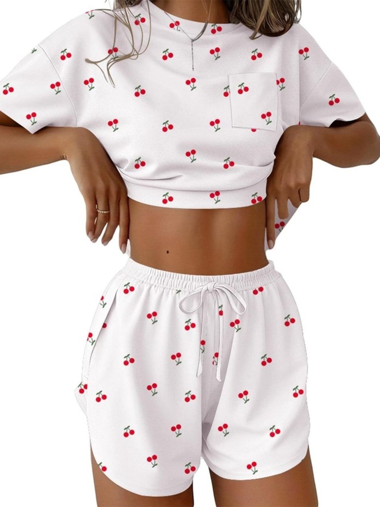 Printed Round Neck Tee and Shorts Set - White by Trendsi from FREYA’S CLOSET