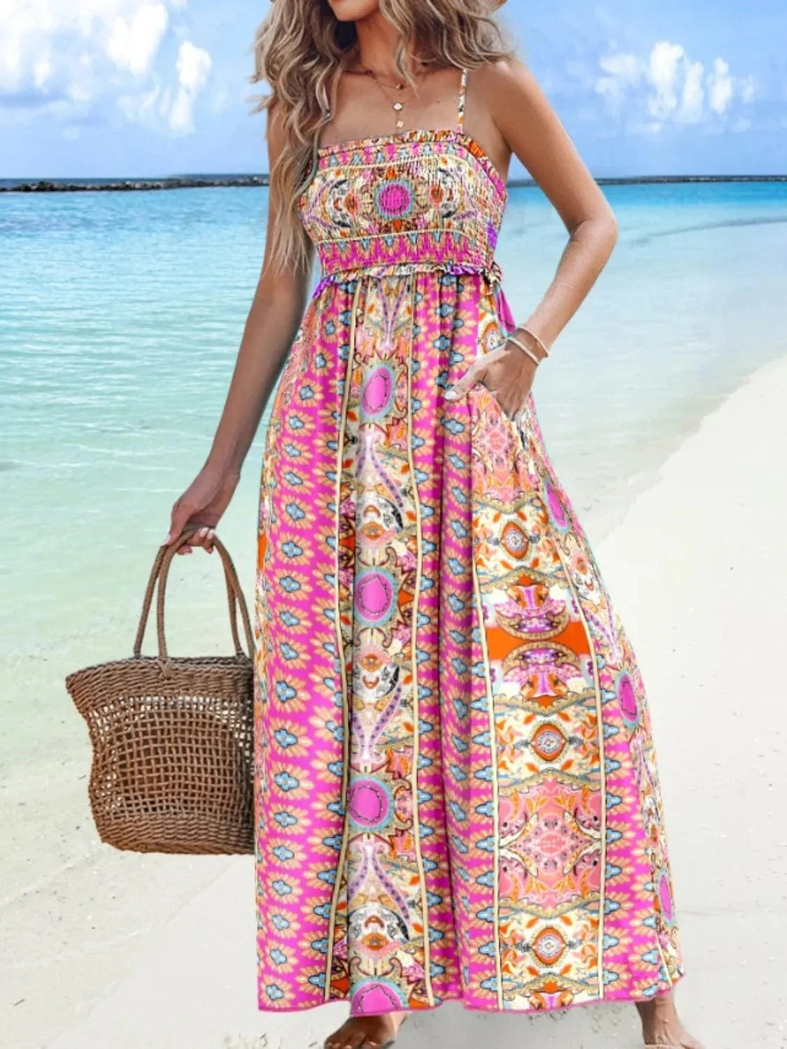 Trendsi Pink / S Printed Smocked Maxi Cami Dress