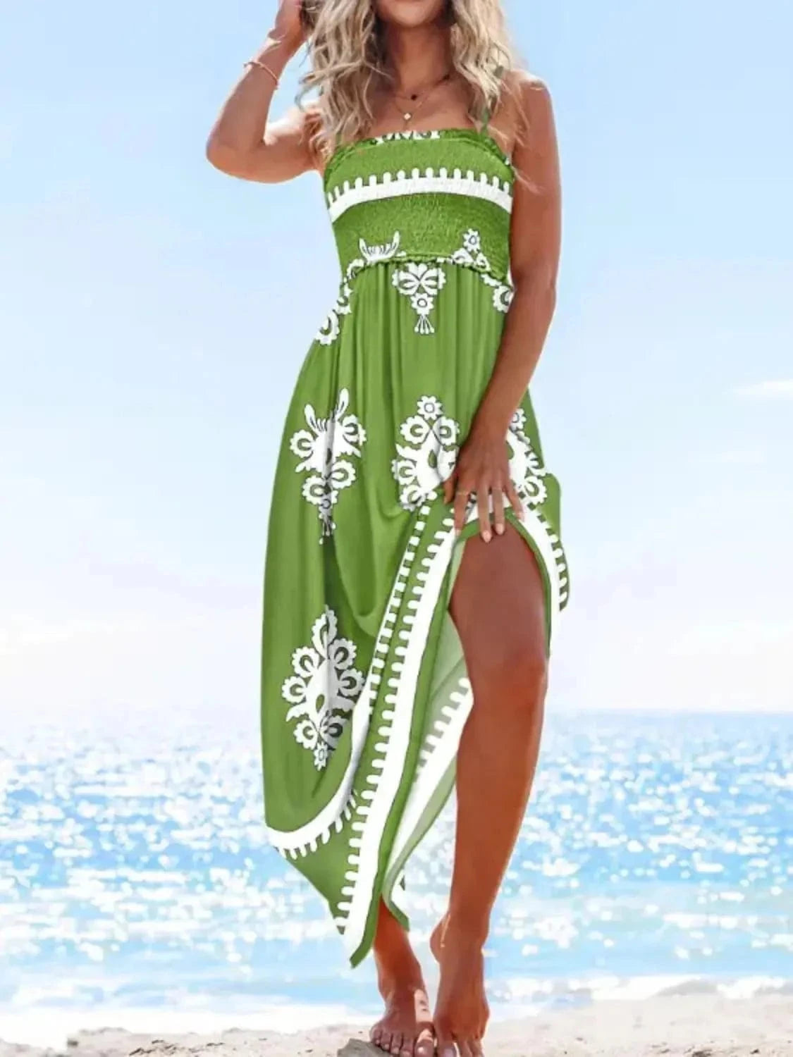 Trendsi Green / S Printed Smocked Maxi Cami Dress