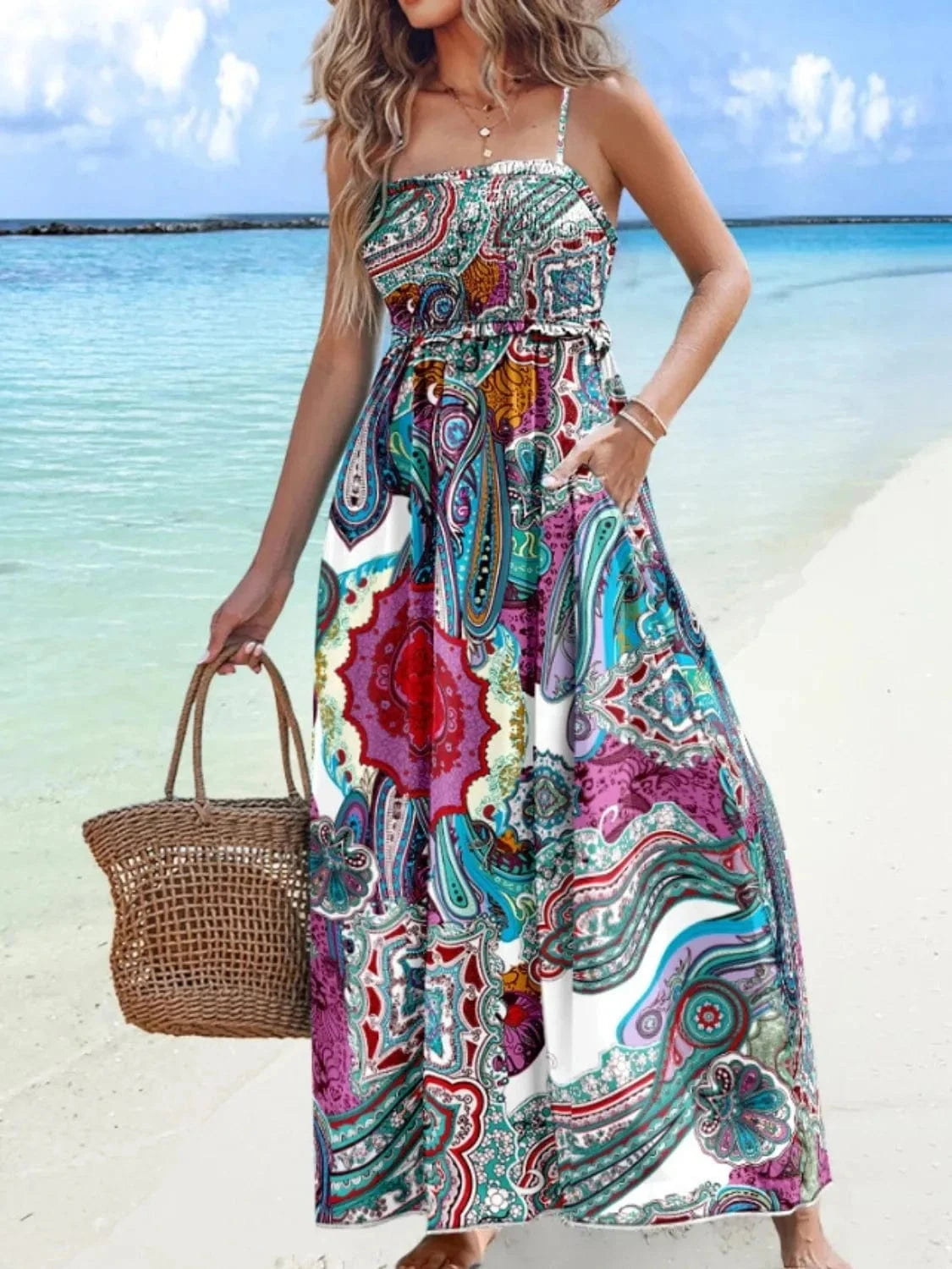 Trendsi Peacock  Blue / S Printed Smocked Maxi Cami Dress