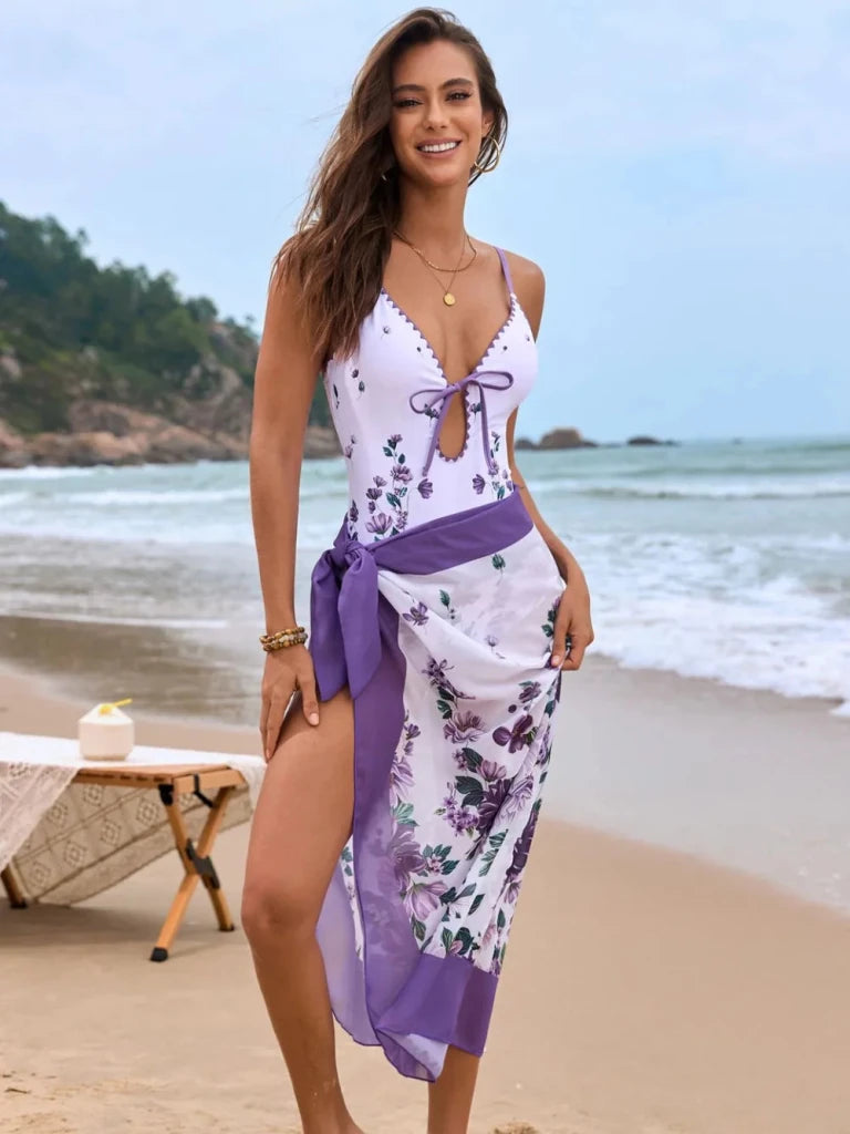 Printed Spaghetti Strap One - Piece Swimwear and Cover Up Swim Set - Violet by Trendsi from FREYA’S CLOSET