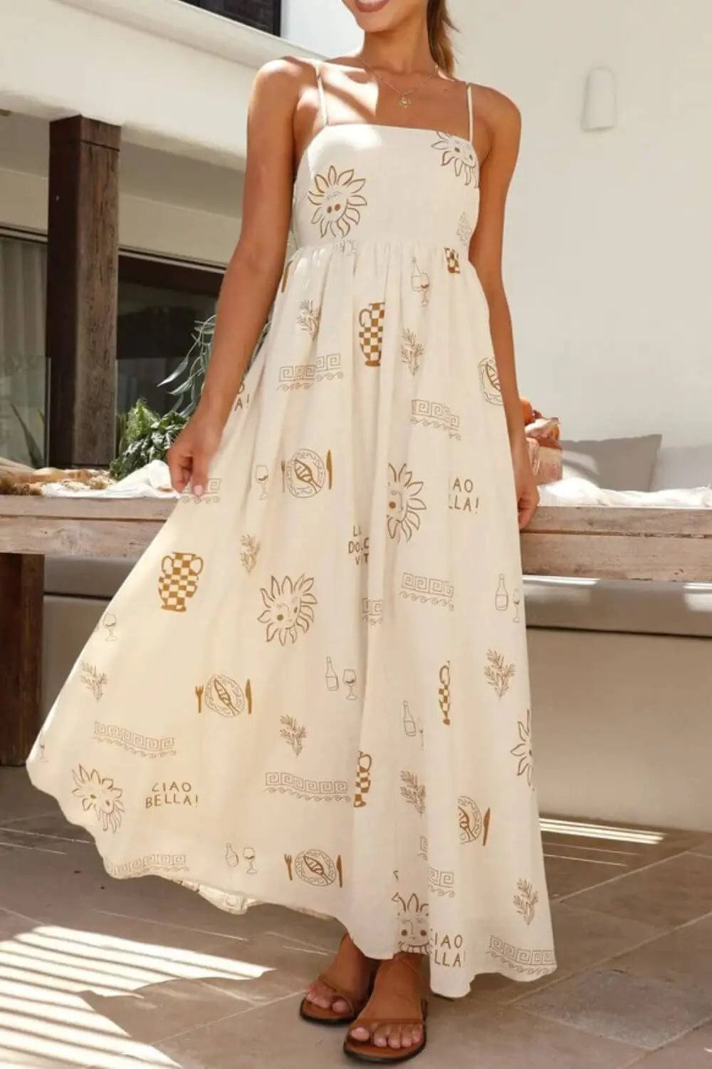 Trendsi Dresses Beige / S Printed Square Neck Maxi Cami Dress