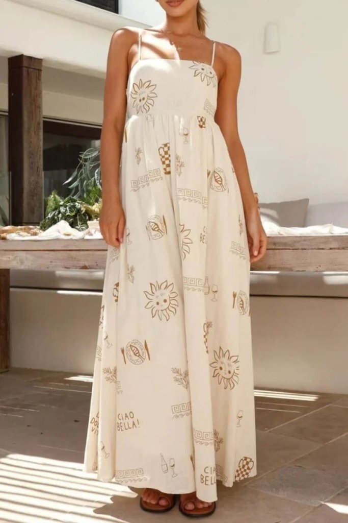Printed Square Neck Maxi Cami Dress - Beige by Trendsi from FREYA’S CLOSET