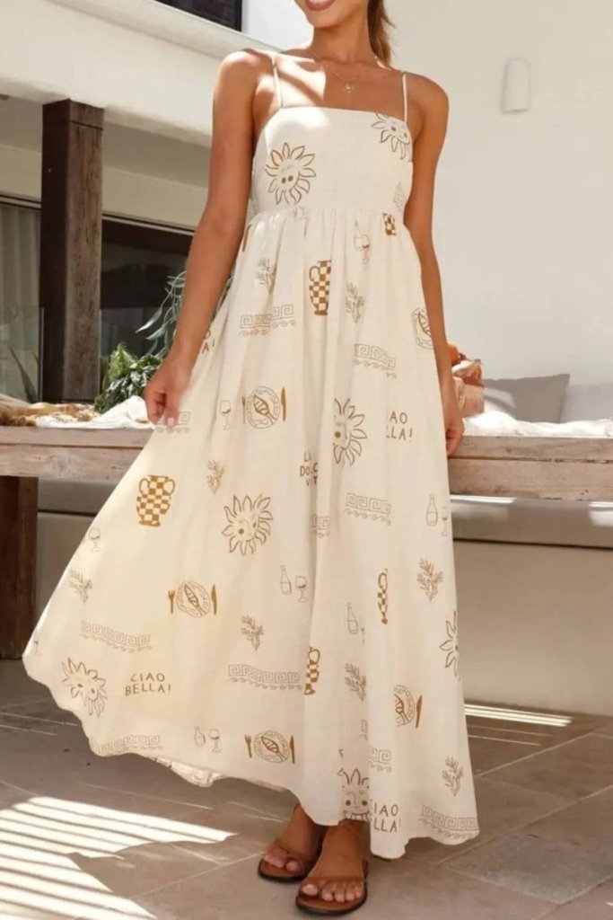 Printed Square Neck Maxi Cami Dress - Beige by Trendsi from FREYA’S CLOSET