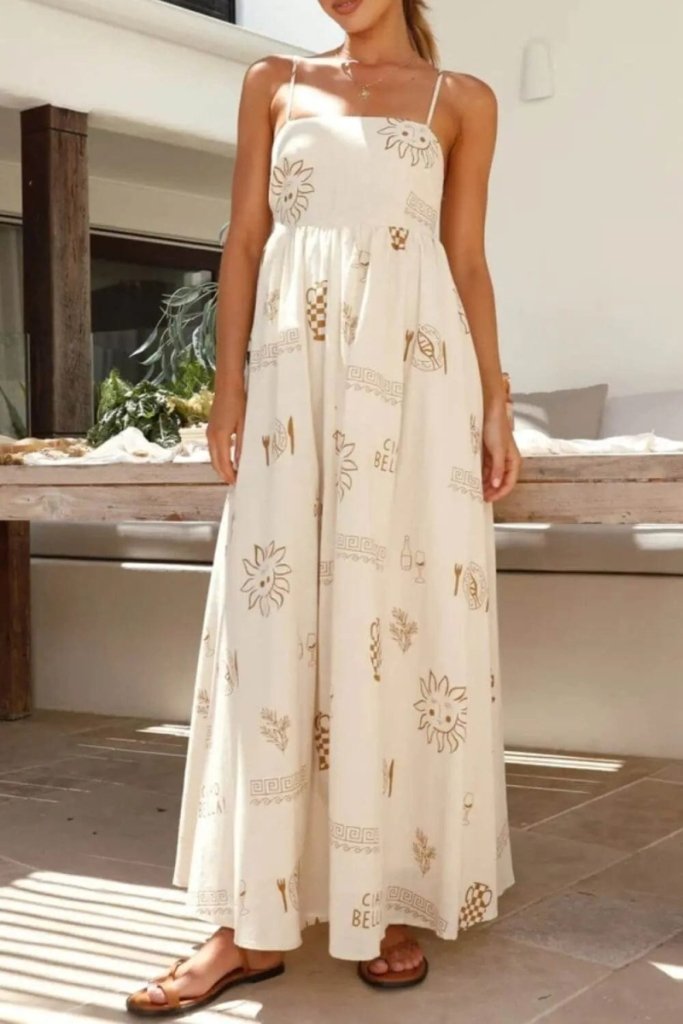 Printed Square Neck Maxi Cami Dress - Beige by Trendsi from FREYA’S CLOSET
