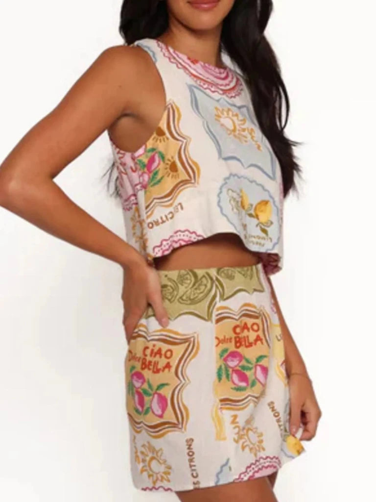 Printed Tank and Skort Two - Piece Set - Beige by Trendsi from FREYA’S CLOSET
