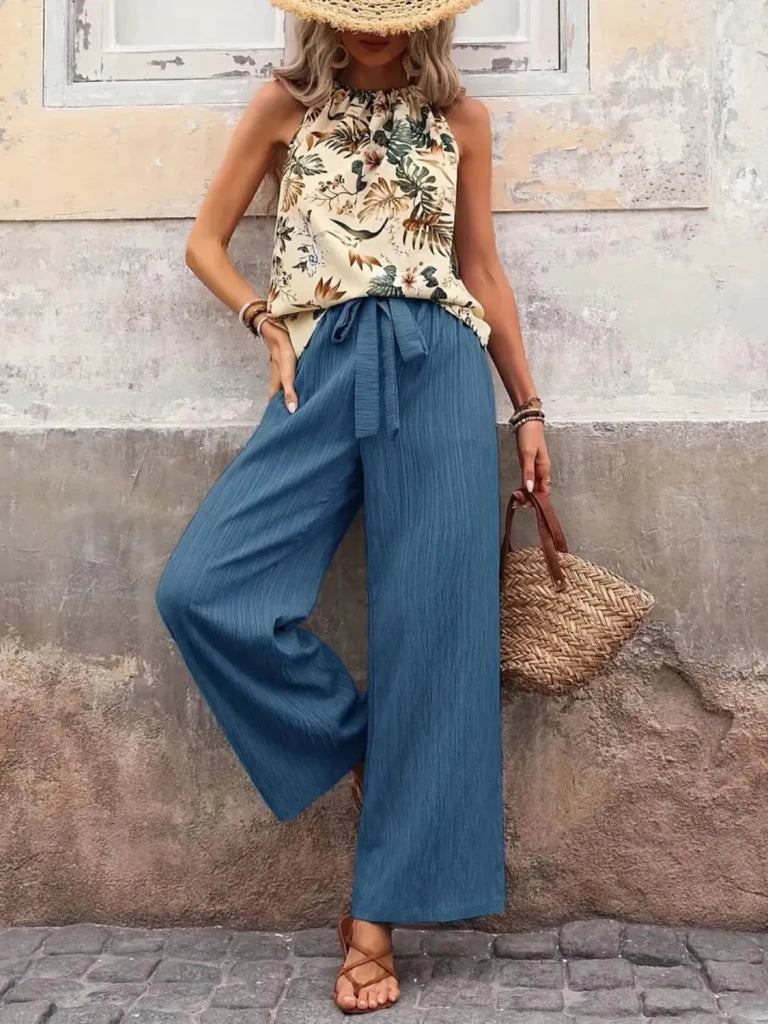 Printed Tank Top and Wide Leg Pants Set - Cerulean by Trendsi from FREYA’S CLOSET