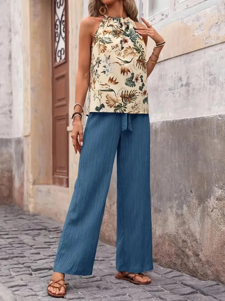 Printed Tank Top and Wide Leg Pants Set - Cerulean by Trendsi from FREYA’S CLOSET