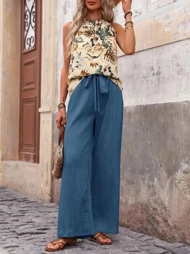 Printed Tank Top and Wide Leg Pants Set - Cerulean by Trendsi from FREYA’S CLOSET