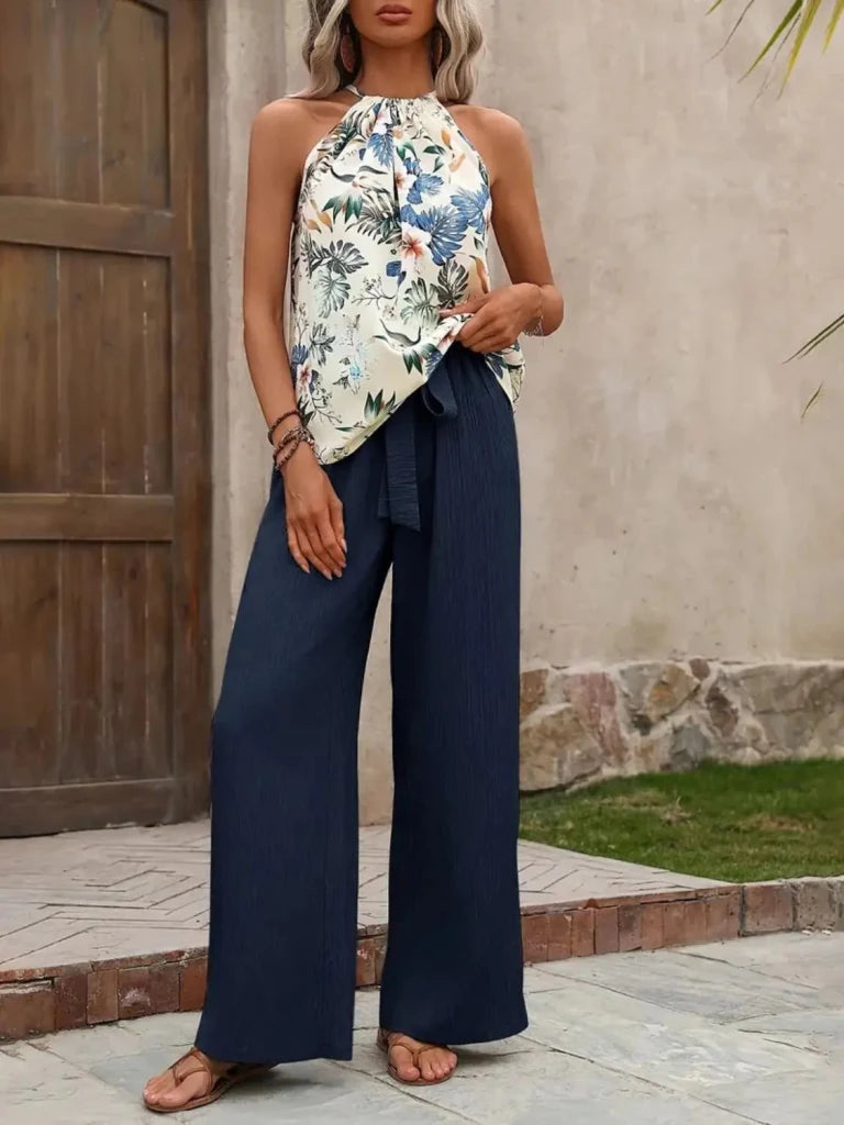 Printed Tank Top and Wide Leg Pants Set - Dark Blue by Trendsi from FREYA’S CLOSET