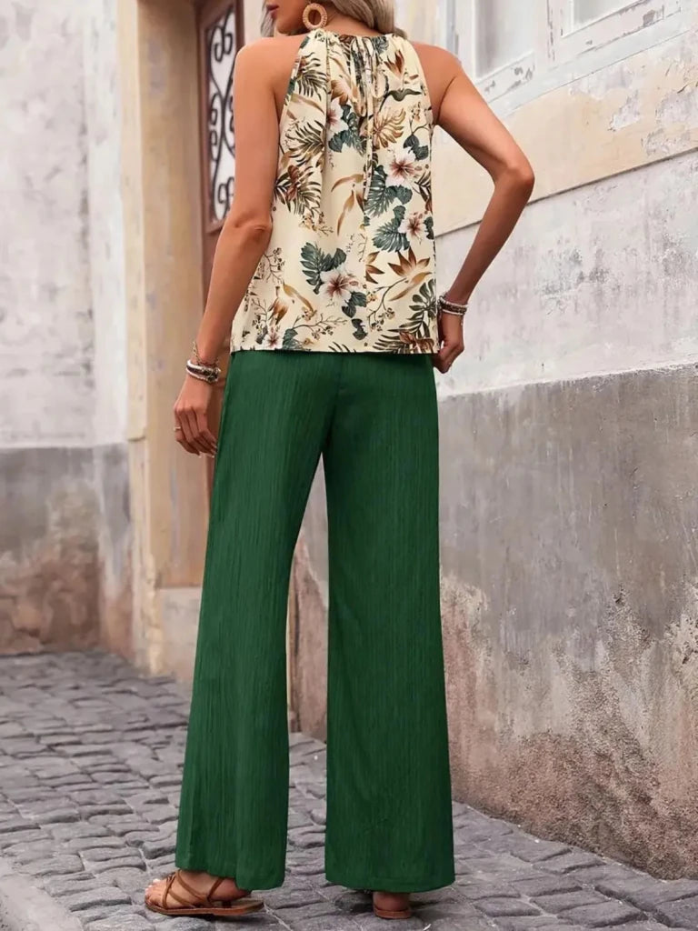 Printed Tank Top and Wide Leg Pants Set - Dark Green by Trendsi from FREYA’S CLOSET