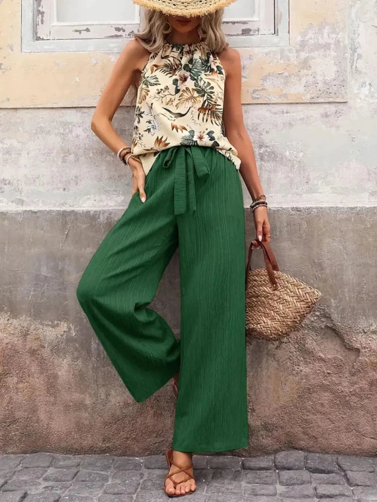 Printed Tank Top and Wide Leg Pants Set - Dark Green by Trendsi from FREYA’S CLOSET