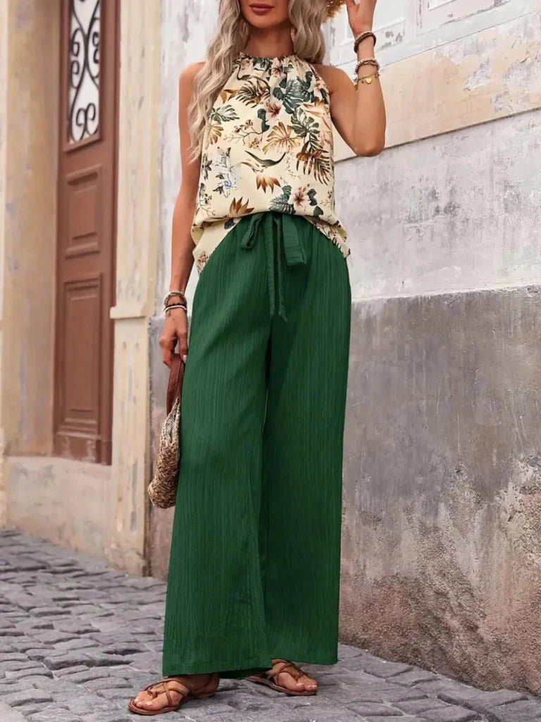 Printed Tank Top and Wide Leg Pants Set - Dark Green by Trendsi from FREYA’S CLOSET