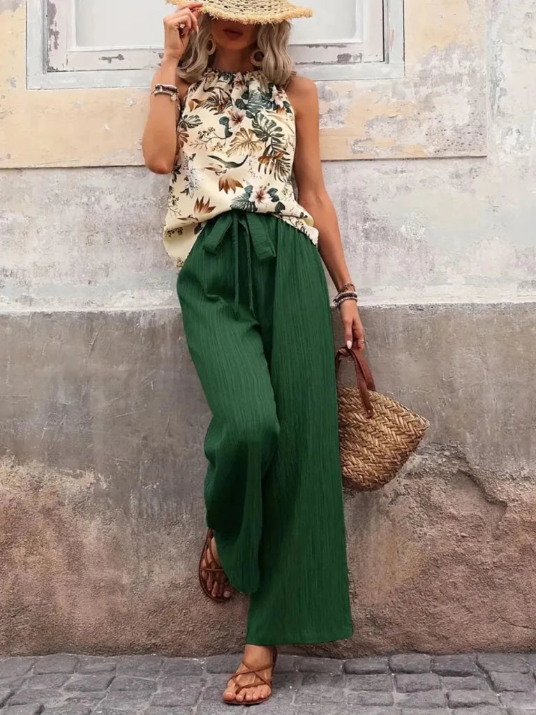 Printed Tank Top and Wide Leg Pants Set - Dark Green by Trendsi from FREYA’S CLOSET