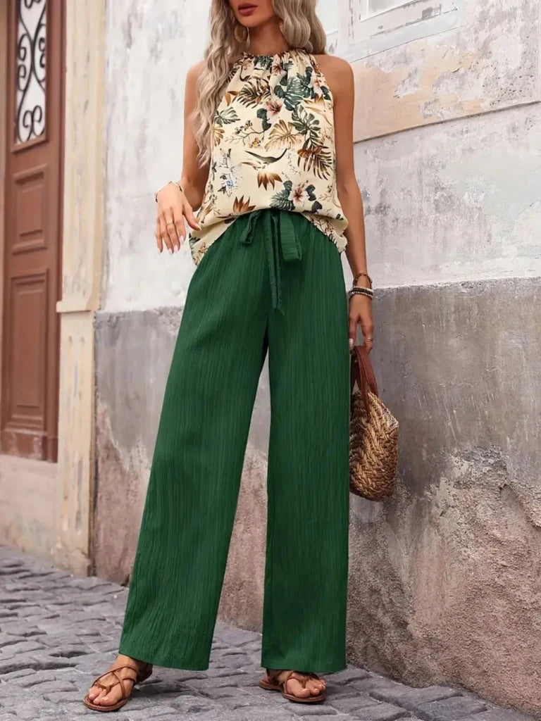 Printed Tank Top and Wide Leg Pants Set - Dark Green by Trendsi from FREYA’S CLOSET